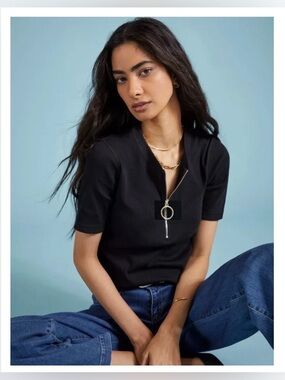 Black Short-Sleeve Zip-Front Top- NWT